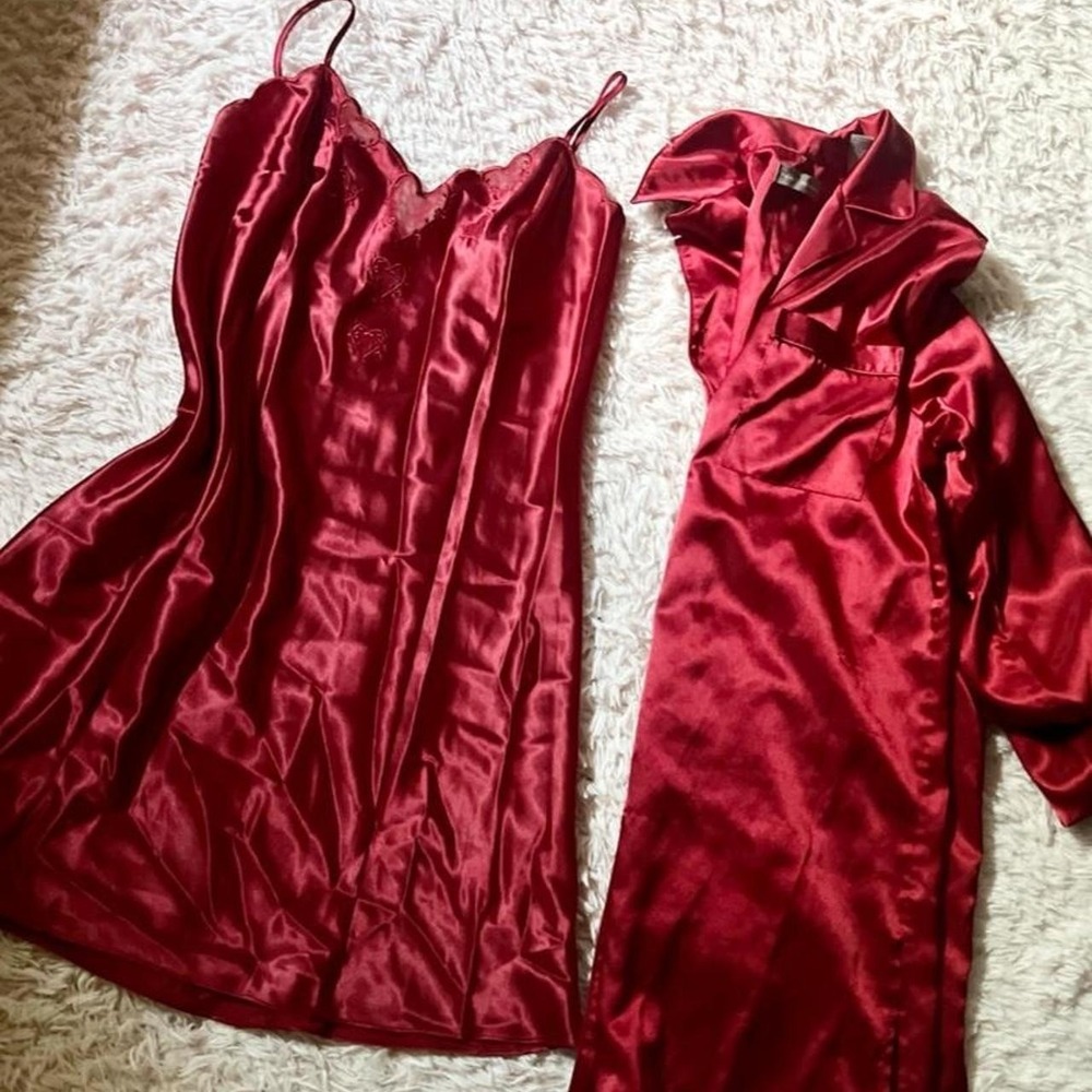 Red Satin Sexy Power Lingerie Slip Button Up Set Womens‎ S Hearts Eyelet Lace